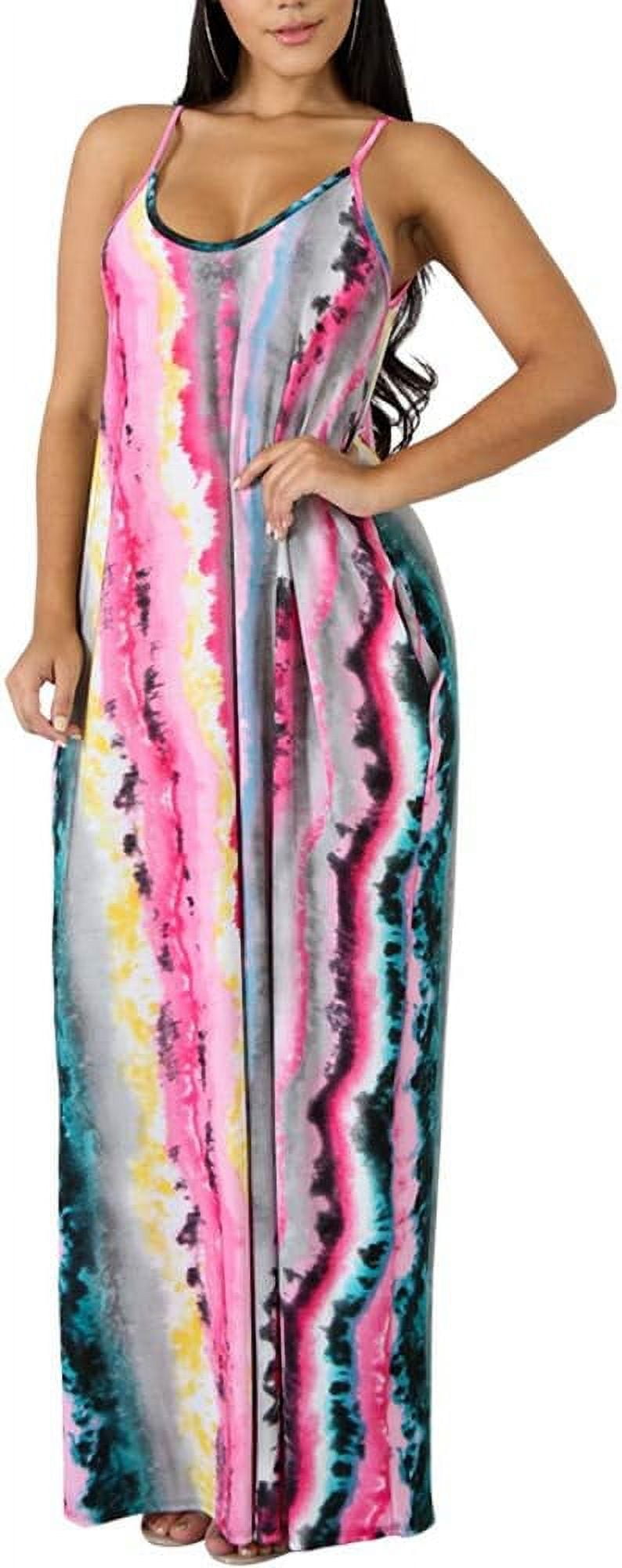 WOOSEN Women's Summer Suspender Maxi Dress - Striped Sleeveless With Pockets & Belt, Plus Size, Yellow, Large - View #3