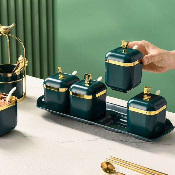Gold-Plated Spice Box Set with Compartments, Durable Kitchen Seasoning Organizer for MSG and Solid Spices, Countertop Storage Jars Set