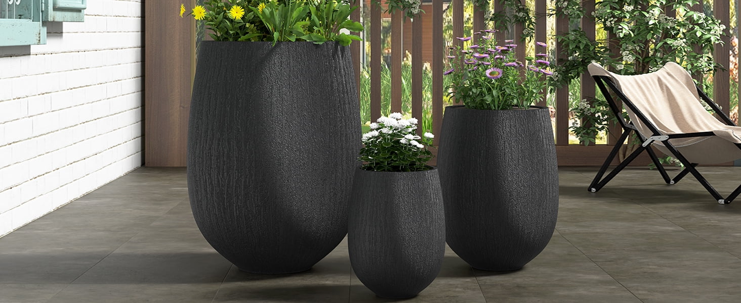 Mintazer Modern Planter Set of 3, 15.6"/10.8"/7.3" Stackable Flower Pots with Drainage Holes, Stone-Look Textured Decorative Plant Pots for Indoor & Outdoor, Black