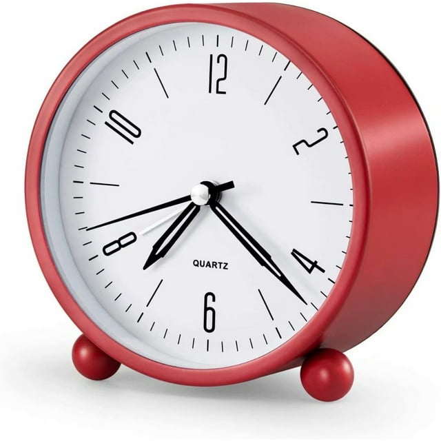Réveil 10,2 cm Rond Silencieux Analogique Sans Tic-Tac, avec Veilleuse, Alimenté par Pile, Réveil Super Silencieux, Design Simple à Côté du Réveil de Bureau (Rouge)