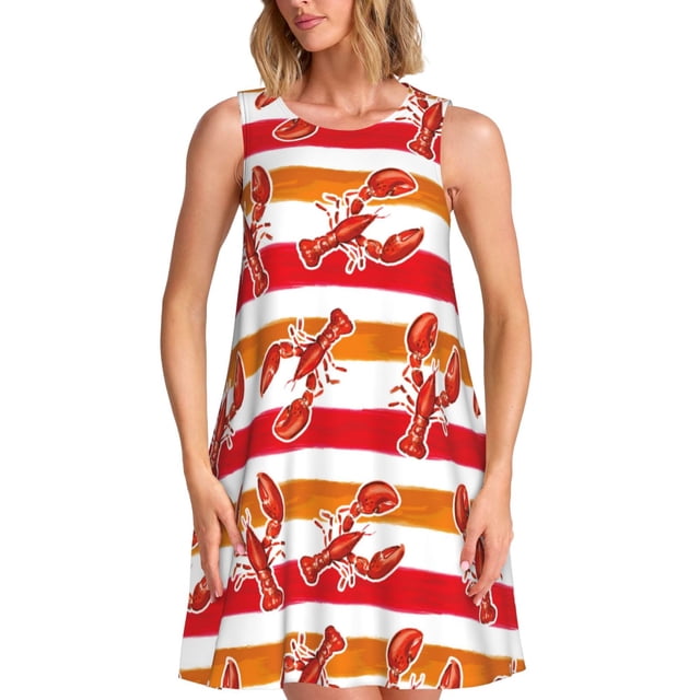 Fotbe Red Lobster Vestido de Verano sin Mangas para Mujer – Vestido Midi Línea A, Estilo Camiseta Floral, Vestido Playero Casual y Fluido