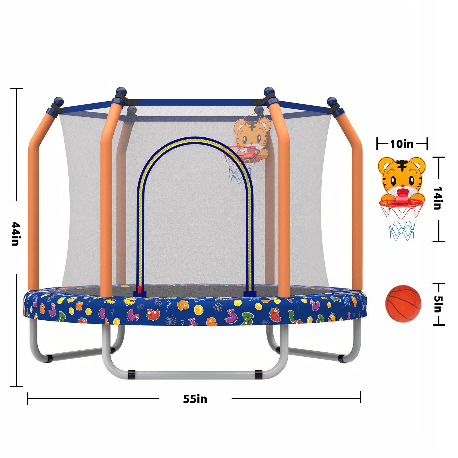 55" Toddler Trampoline with Enclosure Net, SHINPT Child's Mini Trampoline with Basketball Hoop, Round Recreational Tranpolines for Birthday Gifts, Kids Trampoline for Aged 3-6, Indoor & Outdoor