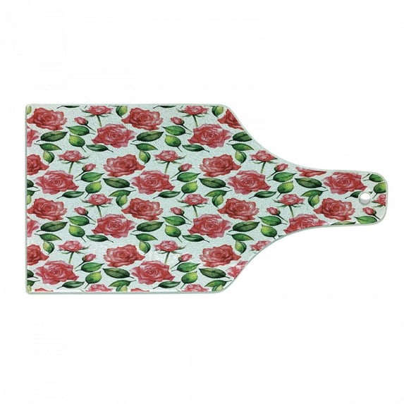 Rose Cutting Board, Fresh Seasonal Watercolor Endless Roses and Leafs Buds Planet Earth Theme Print, Tempered Glass Cutting and Serving Board, Wine Bottle Shape, Red Green White, by Ambesonne