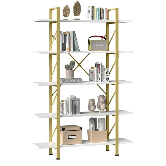 Dextrus 5-Tier Book Shelves and Bookcase, Steel Freestanding Open Display Storage Bookshelf Organizer for Home Office, Gold & White