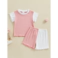 thumbnail image 2 of Bagilaanoe 2pcs Toddler Baby Girl Shorts Set Contrast Color Short Sleeve T Shirt Tops + Shorts 6M 12M 18M 24M 3T 4T Kids Casual Summer Clothes, 2 of 7