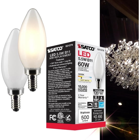 Satco S21279-5.5 Watt B11 LED Frost Candelabra Base Light Bulb, 3000K Soft White, 500 Lumens, 90 CRI, 120V, Dimmable (2 Pack)