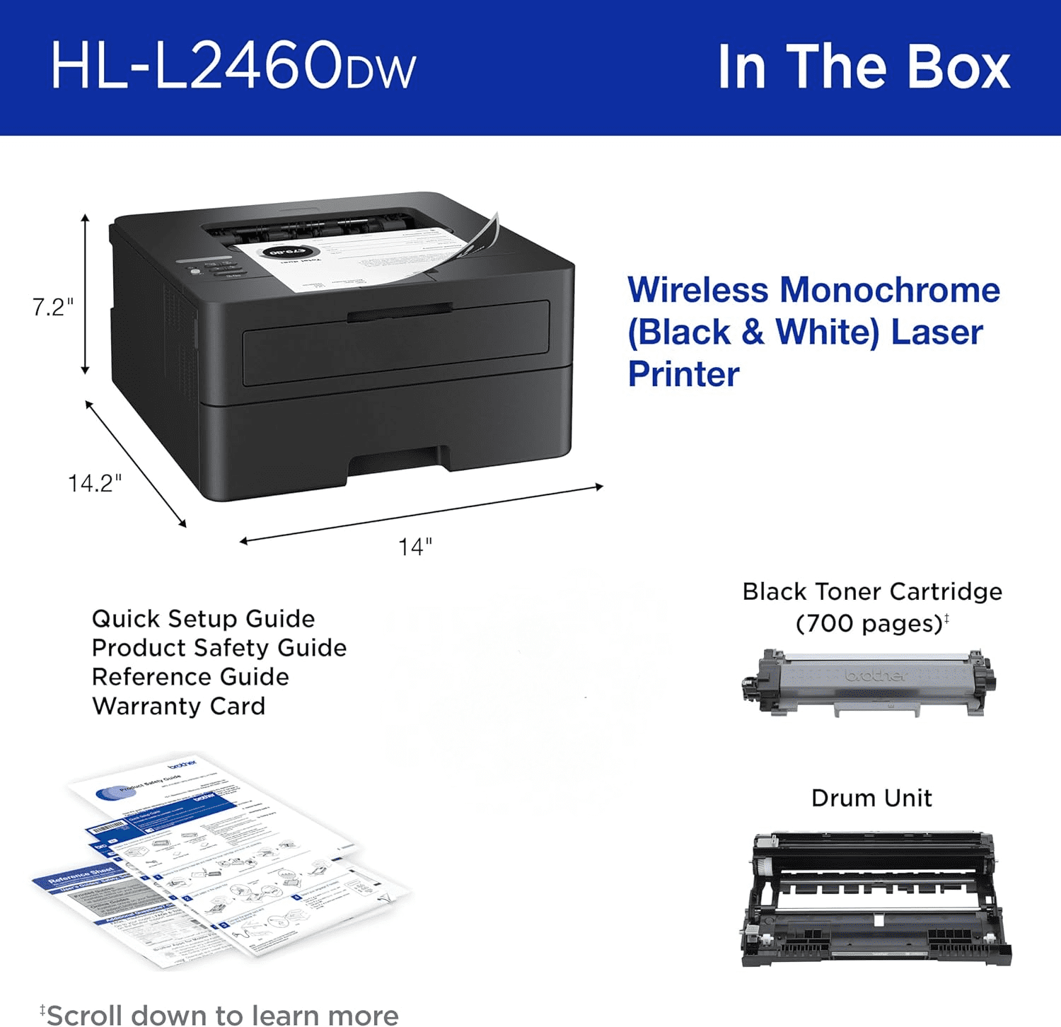 HL-L2460DW Wireless Compact Monochrome Laser Printer with Duplex, Mobile Printing, Black & White Output | Includes Refresh Subscription Trial(1),