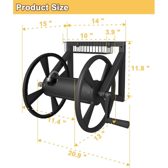 Triangle Wall Mounted Garden Hose Reel, Heavy-Duty Metal Water Hose Holder Winder Holds 125 Ft of 5/8-Inch Hose with Brass Fitting and Storage Basket for Yard, Black