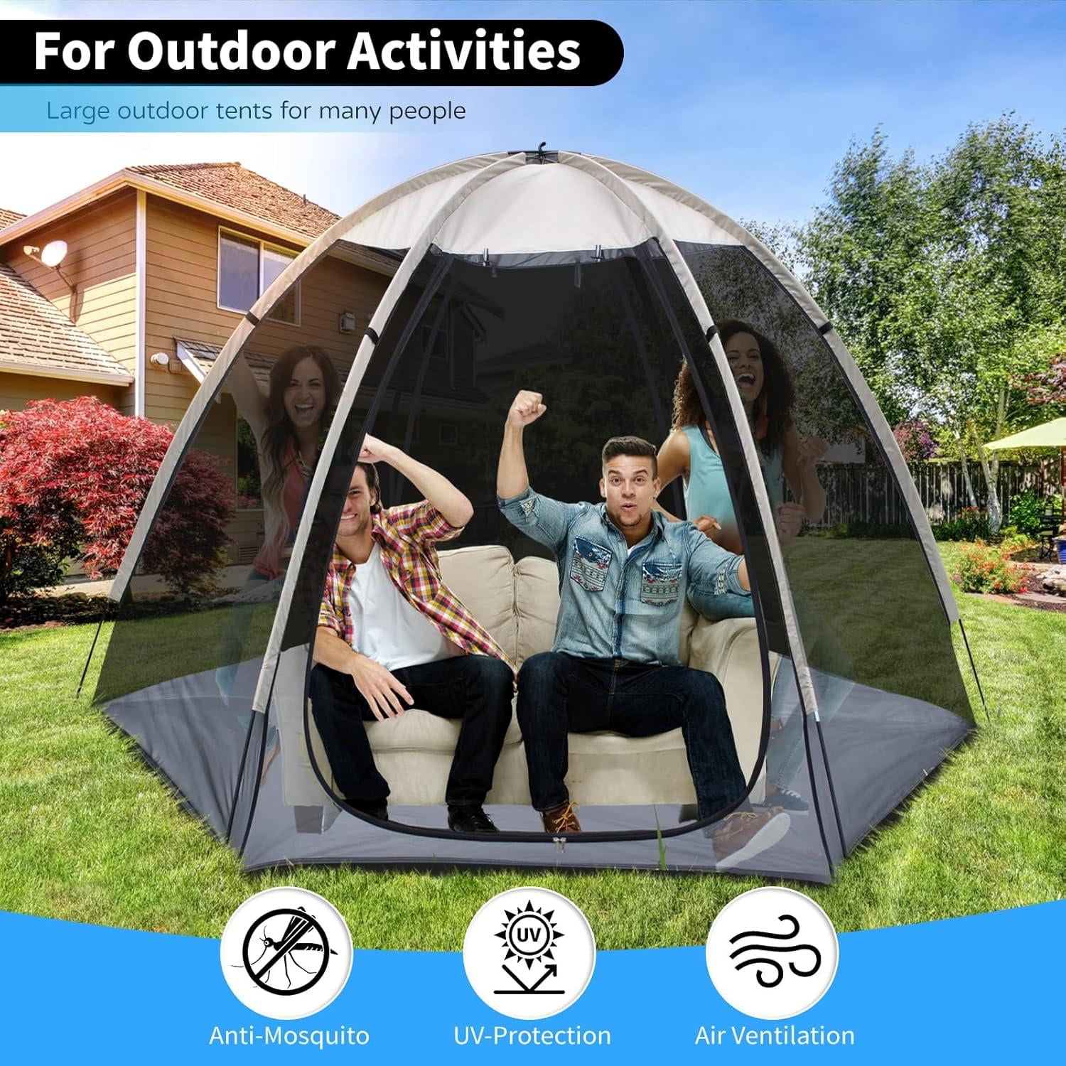 Screen House Room-Camping Tent-Outdoor Canopy- Porosity -Sun Shade Hexagon Shelter Mesh Walls Not Waterproof 8'x7' (Beige (with Floor mat)) (Beige)