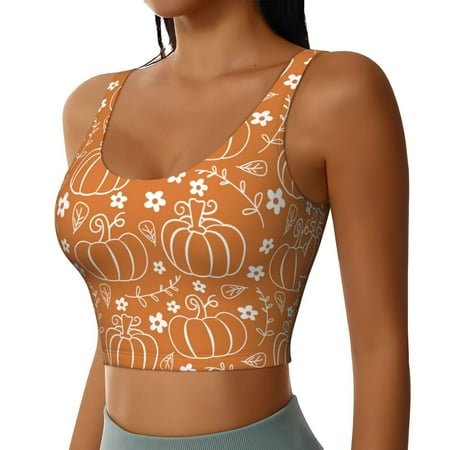 Lsque Hand-drawn Pumpkin with Flowers Printed Women S Sports Bra  Compression  Moisture Wicking  High-Impact Sports Bra For Women Supportive sports bra-Large