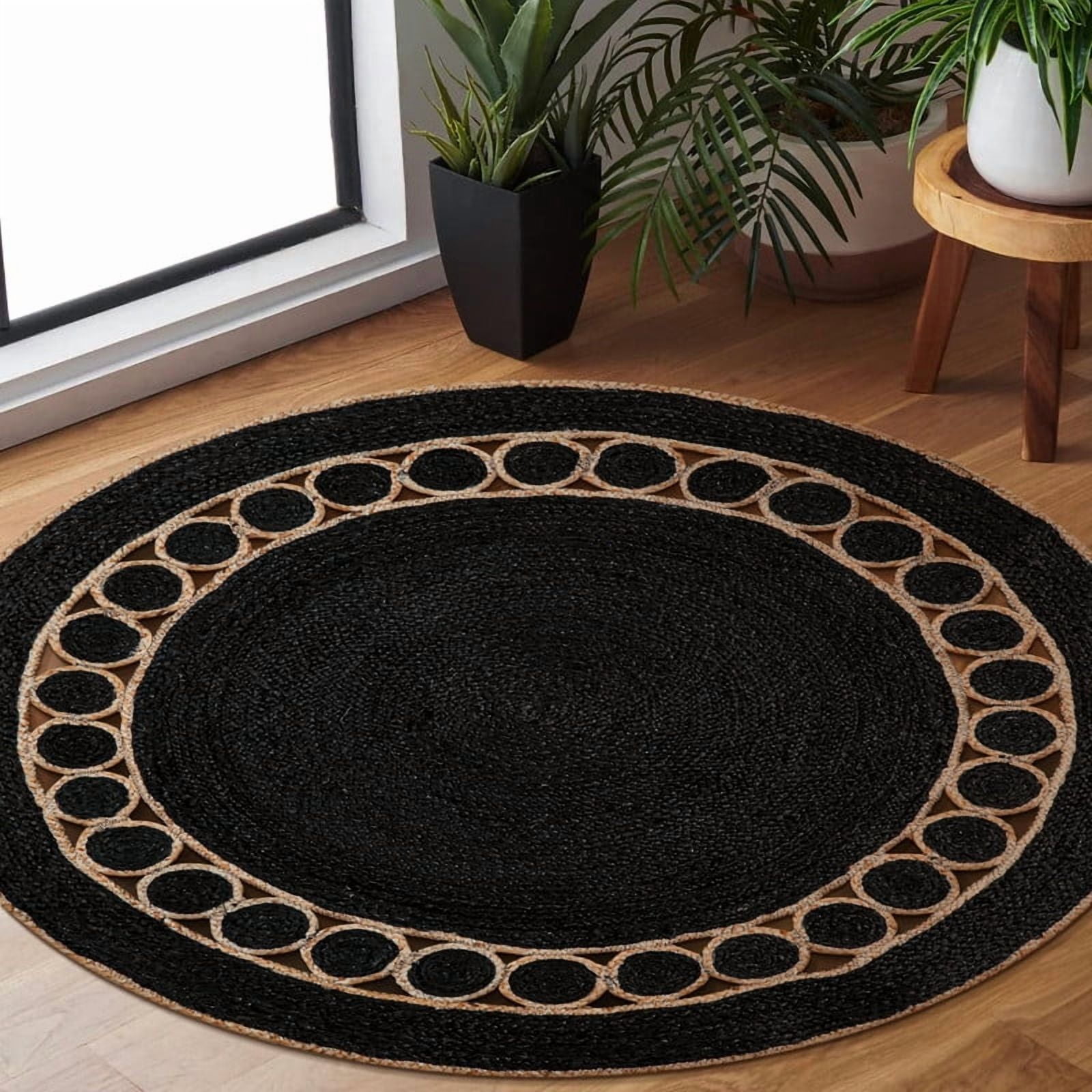 Round Natural Jute Rug, Rustic Boho Coastal Farmhouse Reversible Mat, Black Natural, 4 FT
