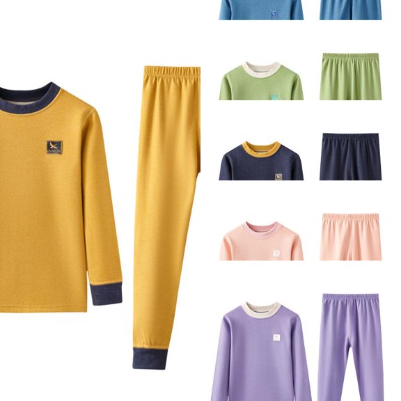 Wdgfv Unisex Kids 2 Piece Thermal Underwear Set, Color Block Crew Neck Long Sleeve Top & Elastic Waist Long Johns, Soft Wool Silk Base Layer Sleepwear 3-4 Years