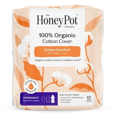 Honey Pot 100% Organic Cotton Cover Non-Herbal Overnight Pads, 12 Count