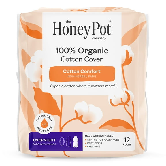 Honey Pot 100% Organic Cotton Cover Non-Herbal Overnight Pads, 12 Count