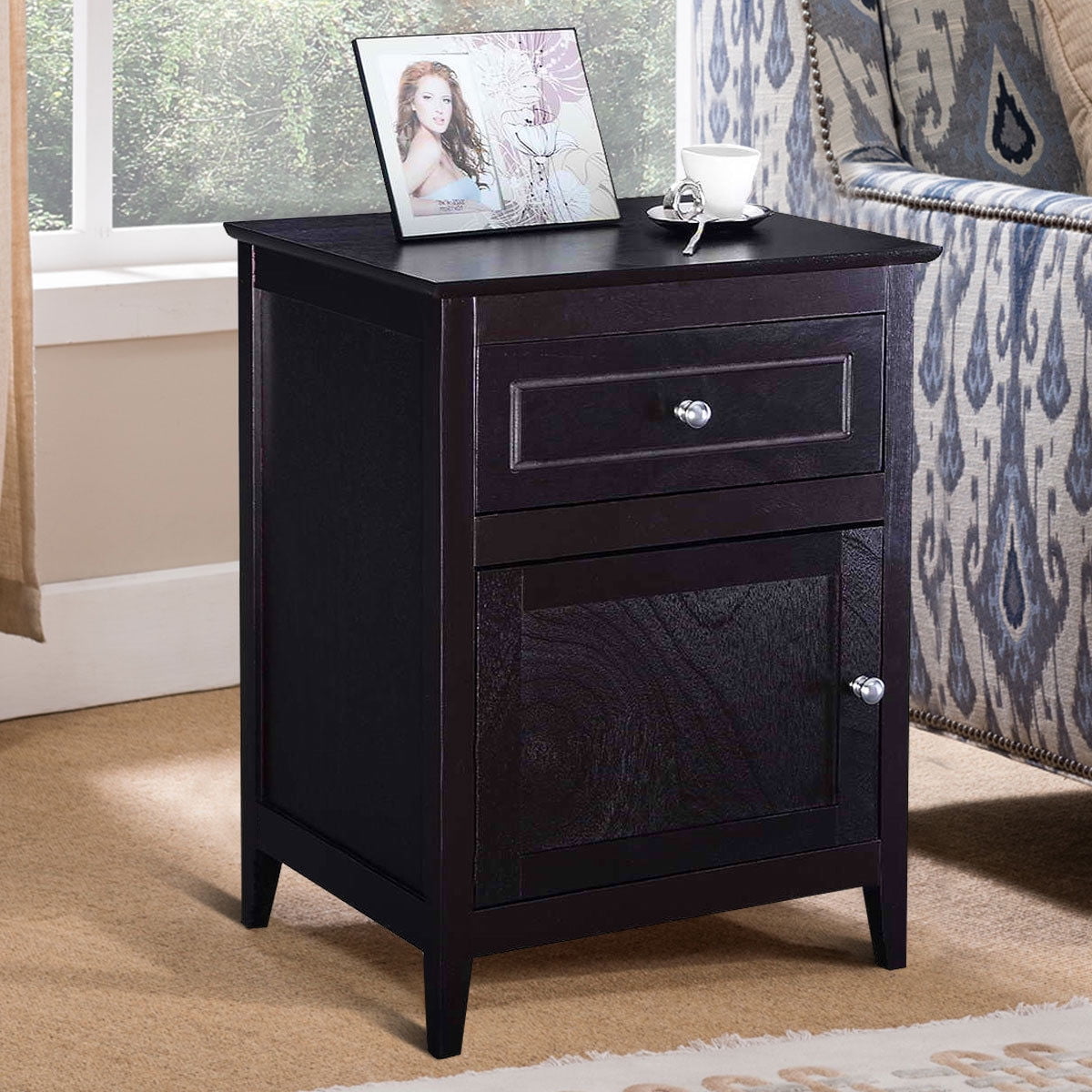 Costway Nightstand with Drawer Accent Side End Table Storage Cabinet Natural