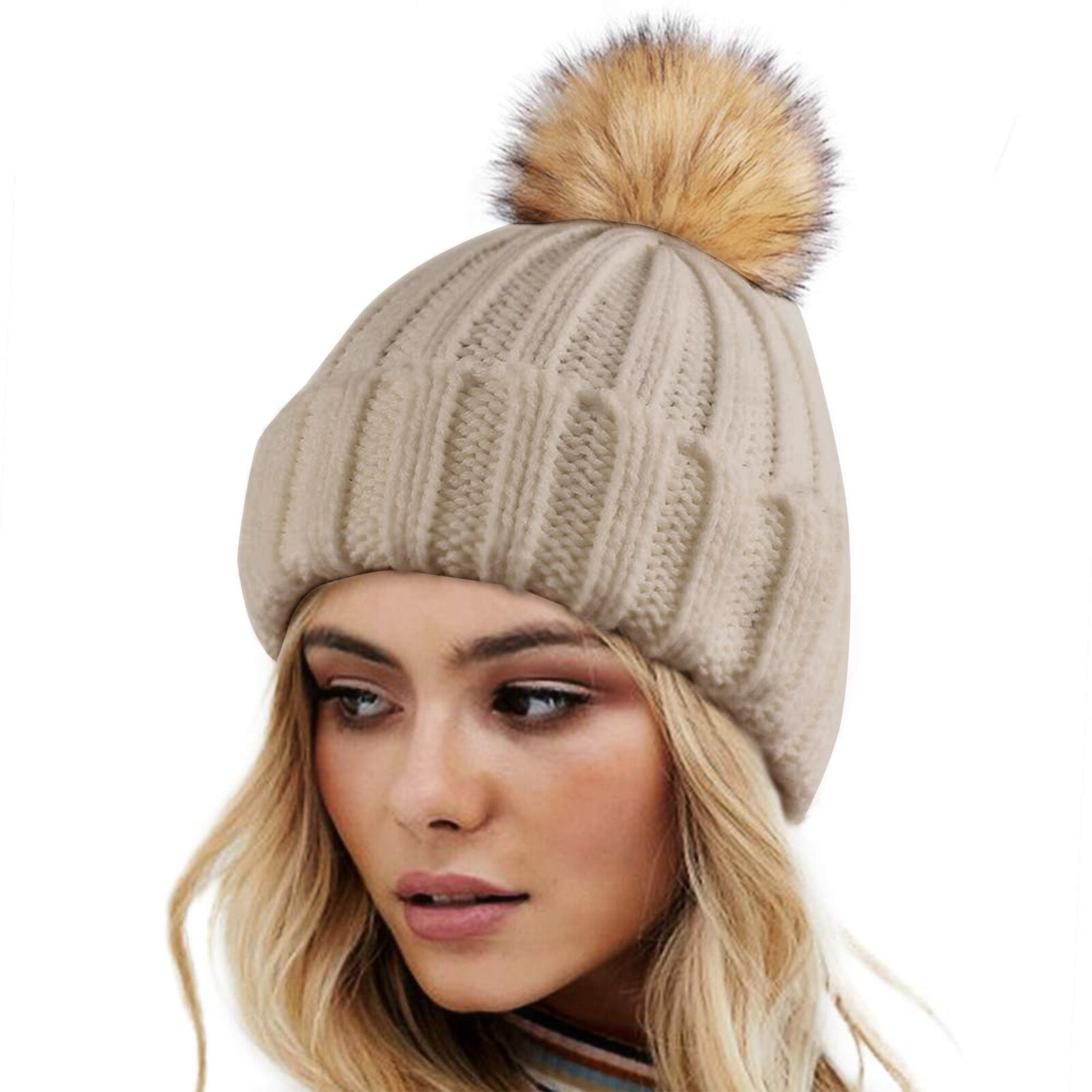 MOSHU Knitted Winter Beanie Hat for Women Warm Satin Lined Faux Fur Pom Hats