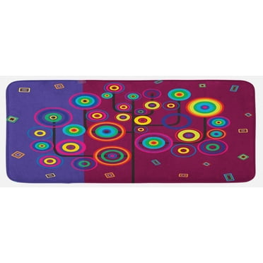 Trippy Kitchen Mat, Funny Geometric Circle and Square Shaped Tree Branches Vibrant Retro Art Image, Plush Decorative Kitchen Mat with Non Slip Backing, 47" X 19", Purple Maroon, by Ambesonne