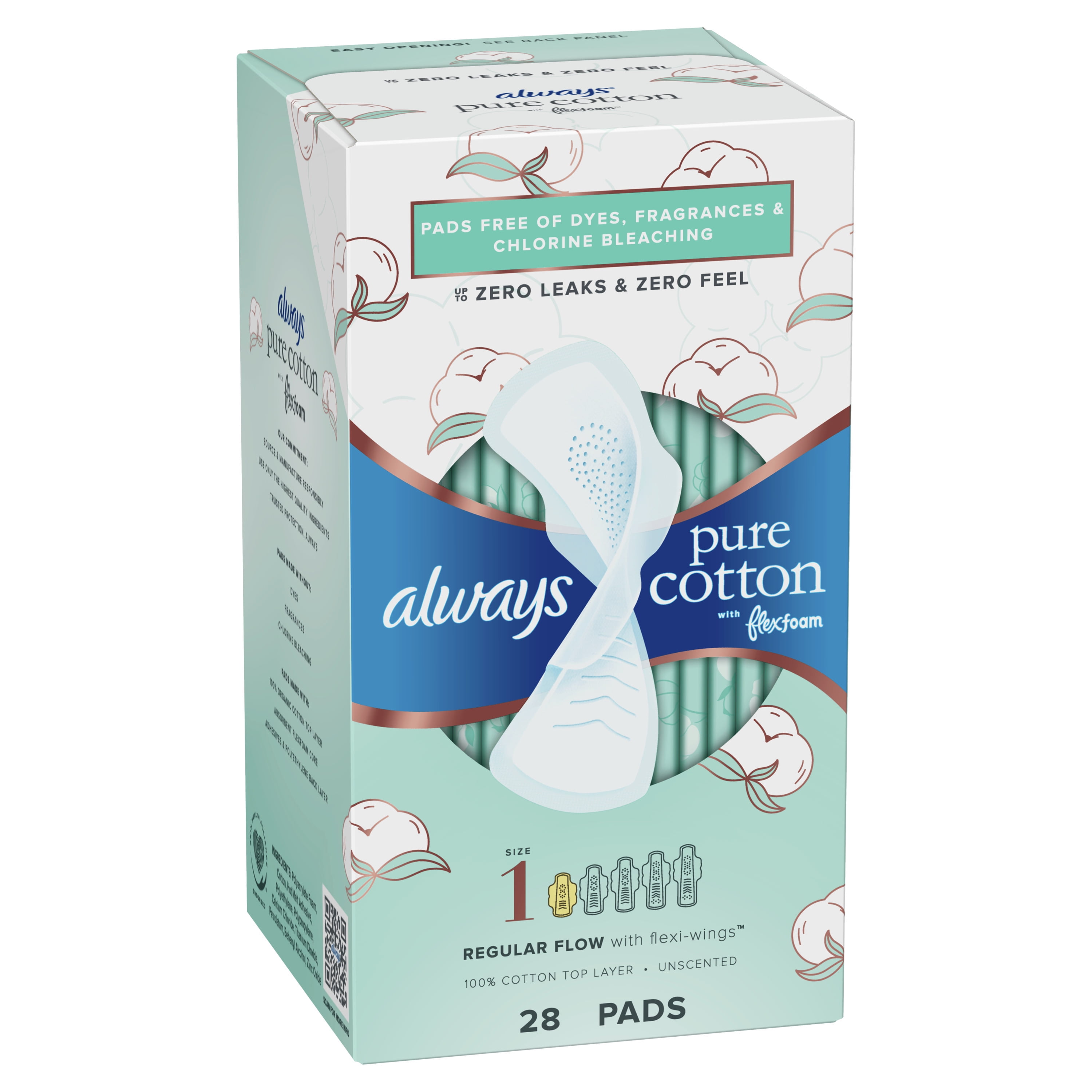 Always Pure Cotton with FlexFoam Pads, Regular Absorbency, with Wings Size 1