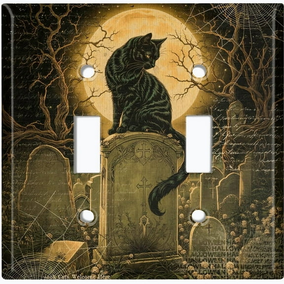 Metal Light Switch Wall Plate Outlet Cover (Printed Image of Gothic Cat in Graveyard - Double Toggle)