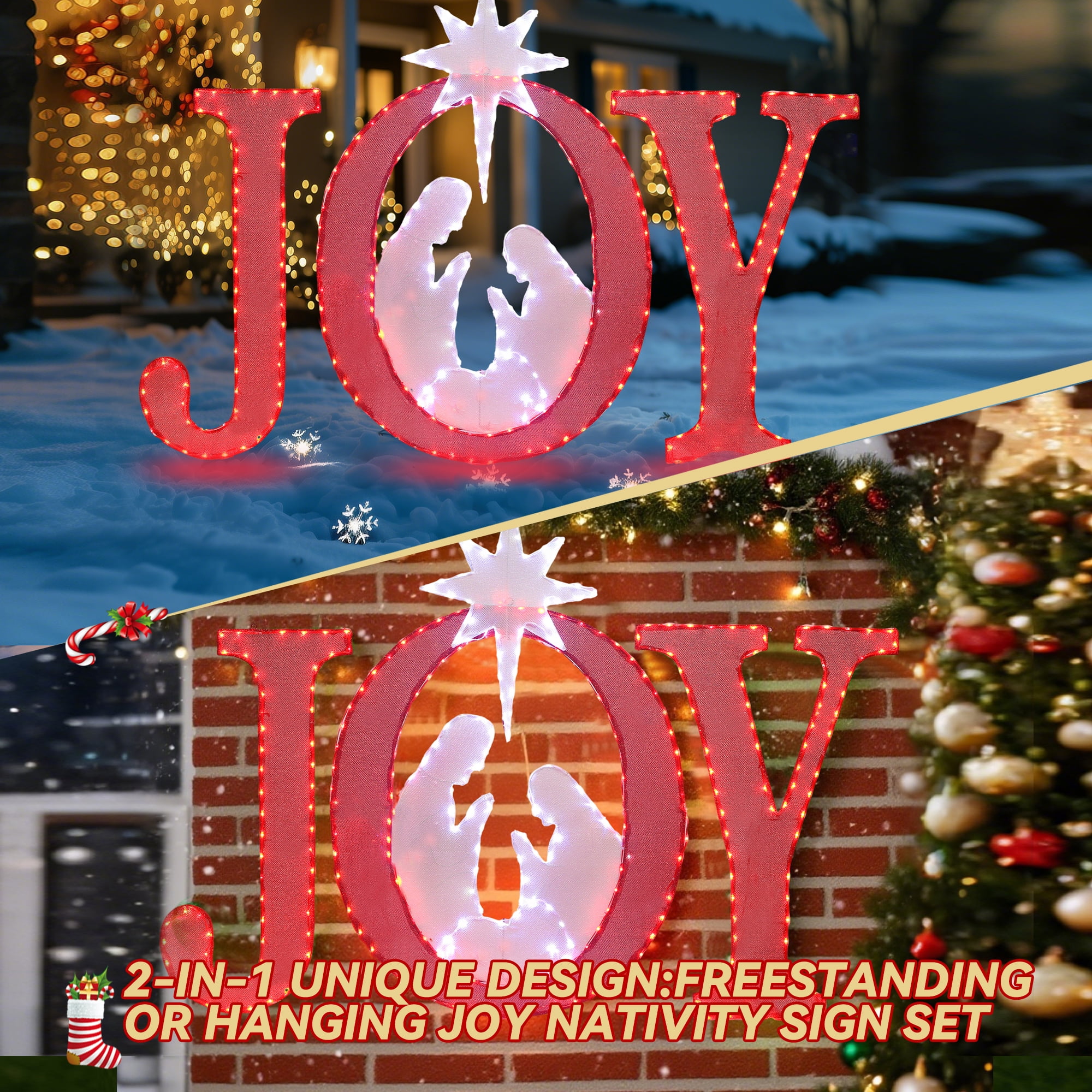 Starfree 49-inch Outdoor JOY Christmas Nativity Decoration Large Lighted JOY Sign Christmas Holiday Decorations Twinkling LED Hang/Stand Yard Signs