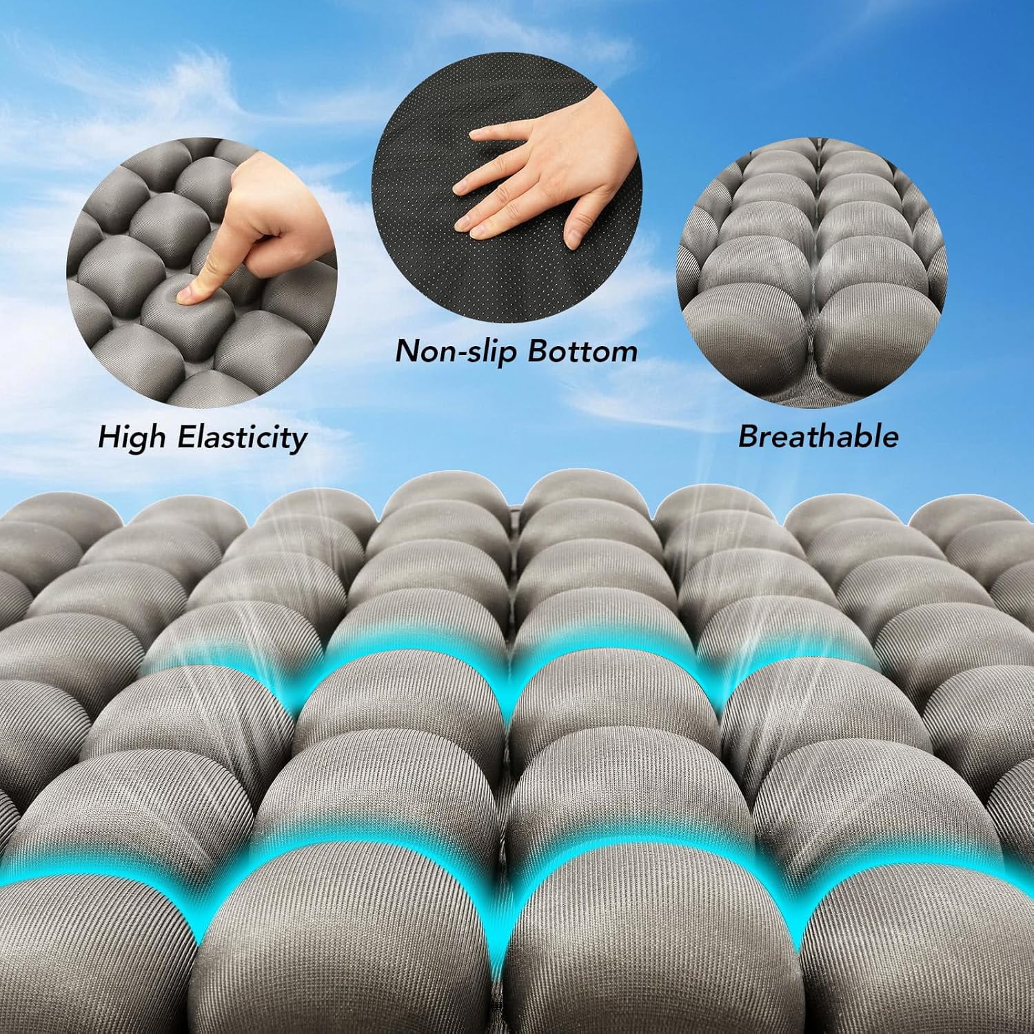 Air Inflatable Travel Seat Cushion, Portable Breathable Comfort Cushion, 56 Air Bubble Design for Airplane, Car, Office Chairs & Home Living – Lightweight & Ergonomic Support,18” x 16” (Black)