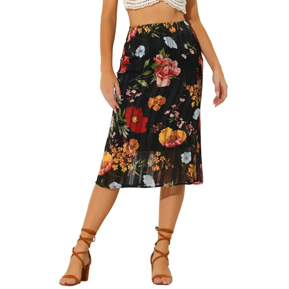 INSPIRE CHIC Women's Floral Chiffon High Waist Midi Pencil Skirt XS Black