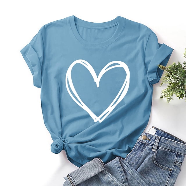 Levmjia Hauts pour Femmes Grande Taille Chemises Col Rond Été Saint-Valentin Imprimé Cœur Décontracté Manches Courtes Blouse pour Femmes