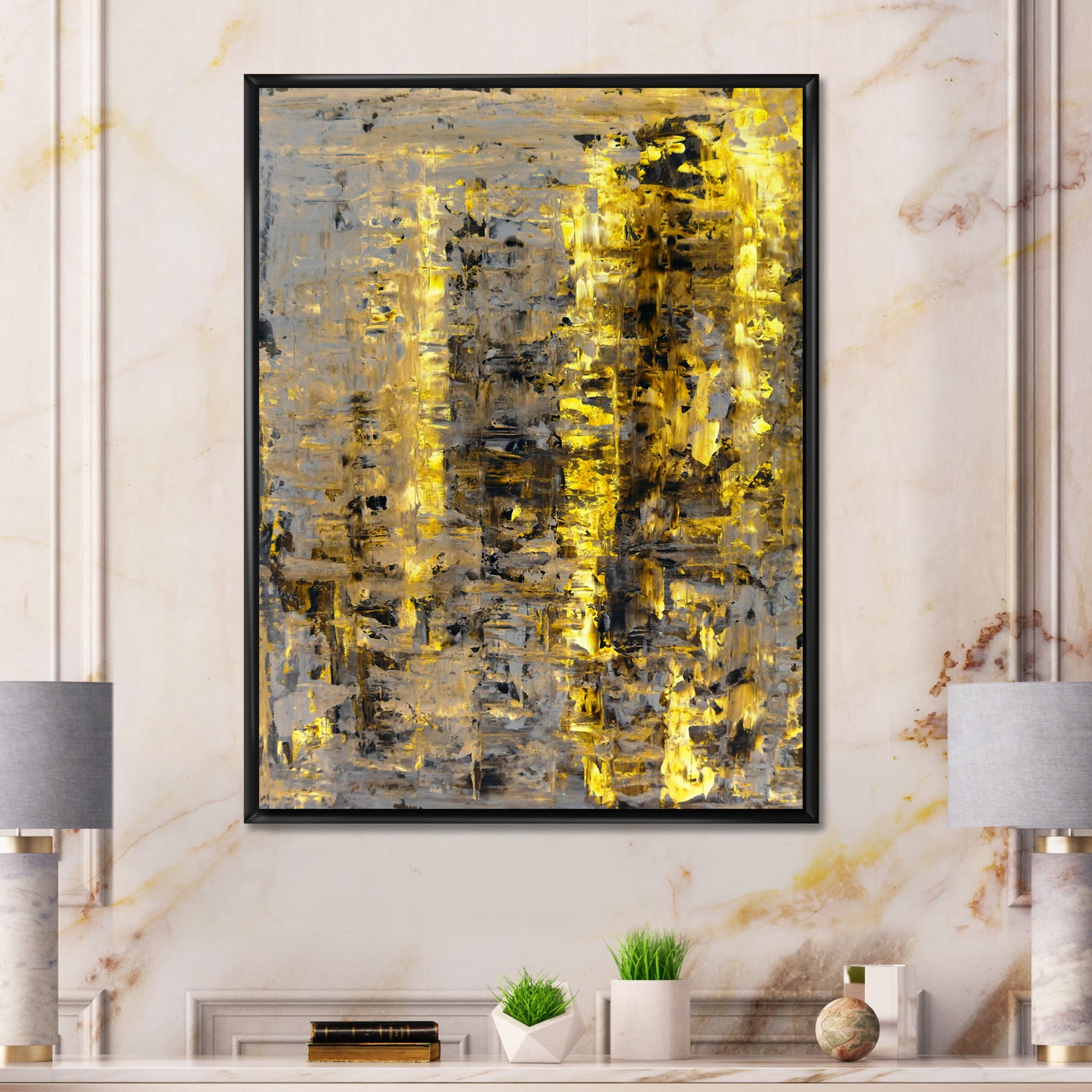 Designart 'Grey Meets Yellow Abstract Art II' Modern Framed Canvas Wall Art Print