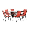 thumbnail image 2 of Emma + Oliver Seven Piece Patio Table Set with 31.5" x 55" Metal Table with Tempered Glass Top and 6 Red Flex Comfort Stacking Chairs, 2 of 11