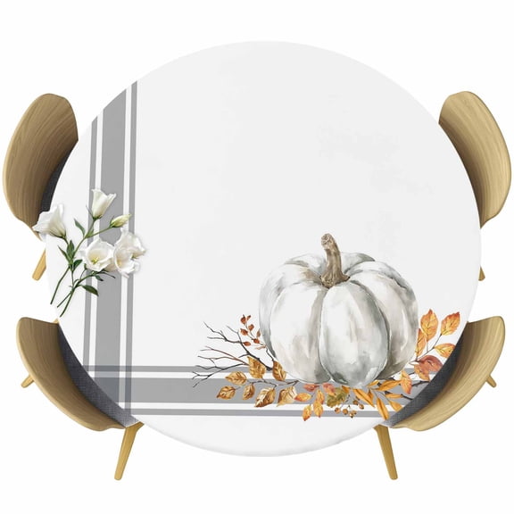 Thanksgiving Round Tablecloth, Fitted Table Cover with Elastic for 55"-60" Round Tables, Grey White Pumpkin Stripes Autumn Leaf Table Cloth Outdoor Indoor Dinning Party Waterproof Tablecloths