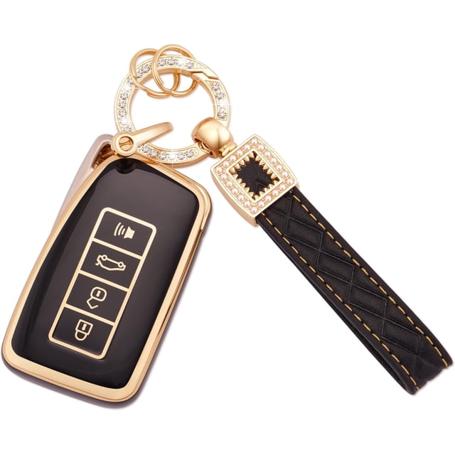 for Lexus Key Fob Cover Soft TPU Smart Car Key Shell Case for Lexus RX is ES GS LS NX RS GX LX LC 2 3 4 Buttons White Key Protector with Bling Leather Keychain,1,Black