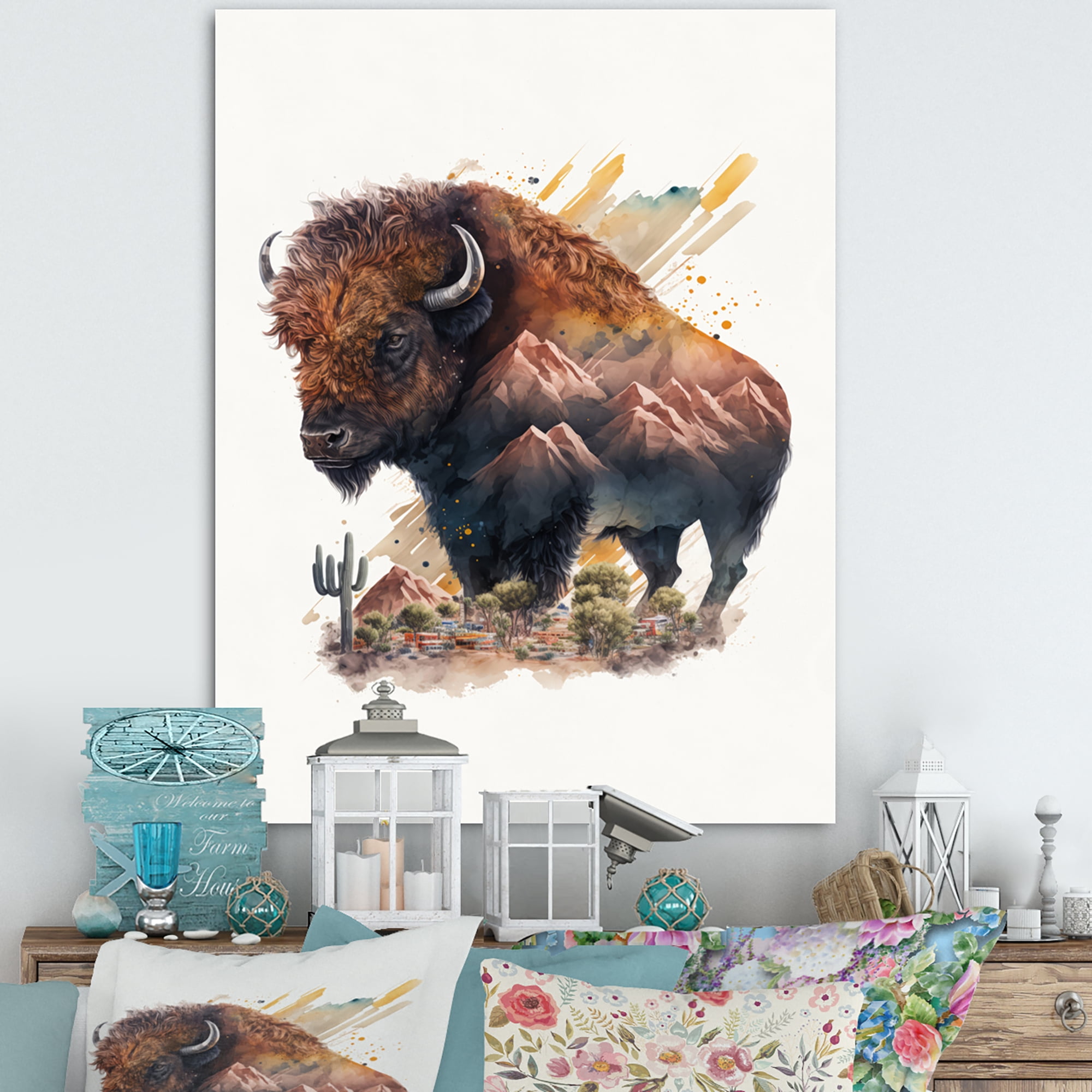Designart Double Exposure Of A Buffalo With Nevada Landscape II Canvas Wall Art