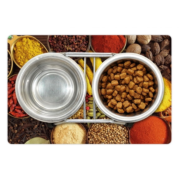 Spice Pet Mat for Food and Water, Top View Illustration of Traditional Herbs and Spices in Bowls Chili Seasonal, Non-Slip Rubber Mat for Dogs and Cats, 18" X 12", by Ambesonne