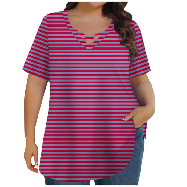 Tops de Manga Corta de Tamaño Más de las Mujeres, Blusas de Cuello en V Impresas de Verano de Moda para Uso Casual, Diario Y de Fiesta