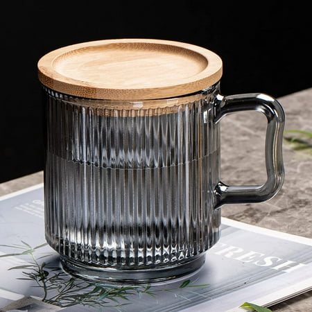 

Black Glass Coffee Mug with Lid Clear Glass Coffee Cups Classical Vertical Stripes Coffee Mugs for Latte Juice Tea 12.5 Ounces