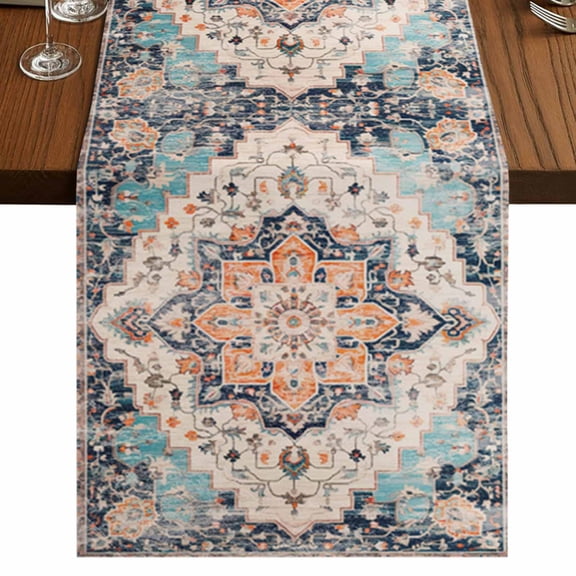 Orange Blue Short Table Runner 36 Inches Long,Boho Geometric Middle Century Abstract Western Cotton Linen Table Runners Dresser Scarves,Tabletop Scarf Furniture Cover for Home Dinner Party 13"x36"