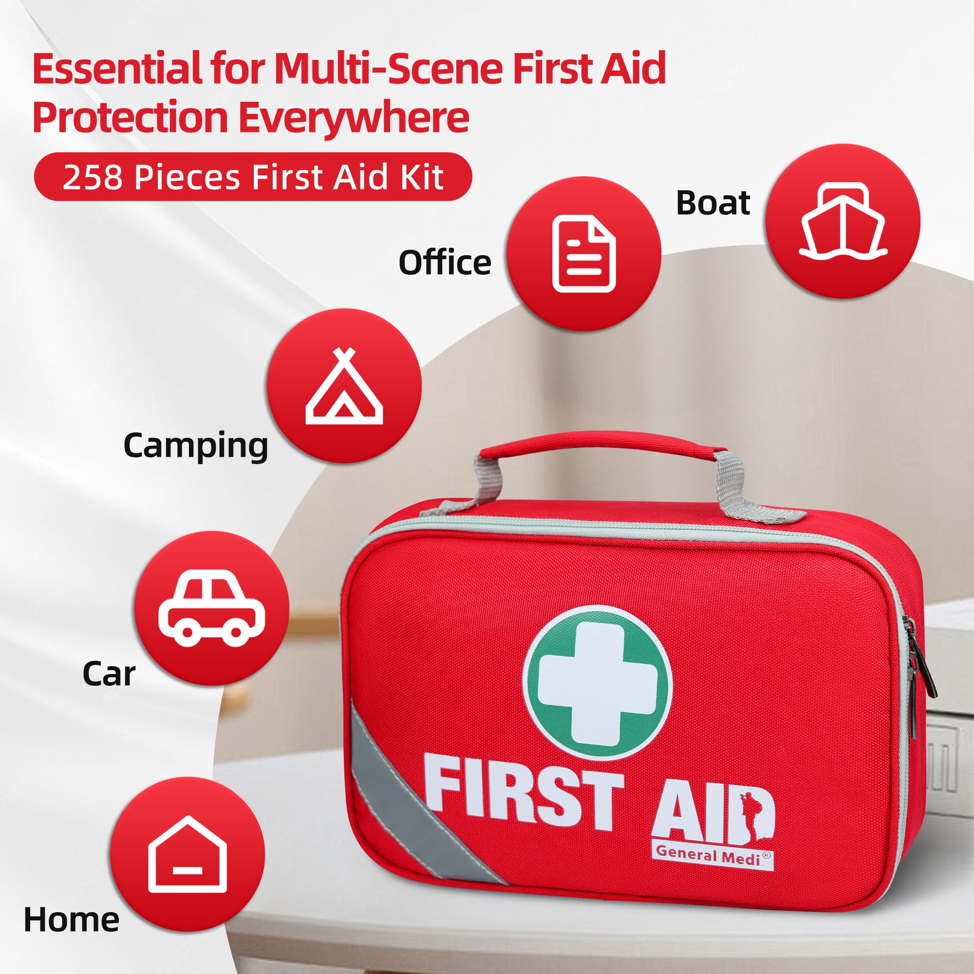 General Medi First Aid Kit 215-Piece 2-in-1 with Bonus 43-Piece Mini Kit Includes Eyewash Cold Pack Moleskin Pads Emergency Blanket - Ideal for Home Travel Car Office Camping