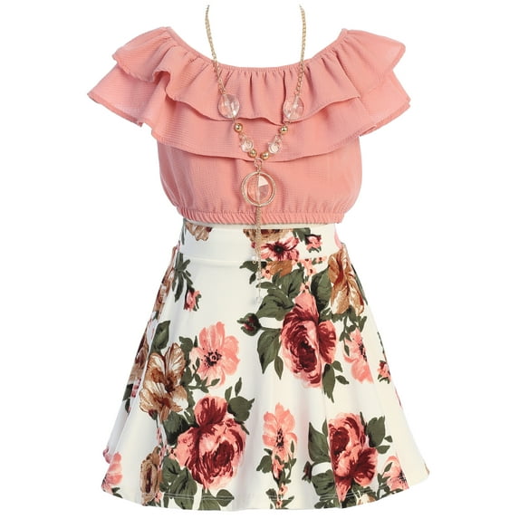 Big Girl 3 Pieces Ruffle Top Skirt Necklace Summer Clothing Skirt Set Outfit Outfit Dusty 10 JKS 2130S BNY Corner