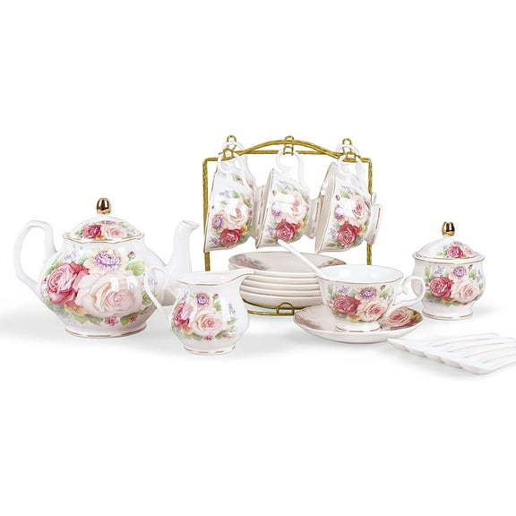 European Porcelain Coffee Set, Pink Women Tea Set, Bone China Tea Set, Vintage Floral Coffee Tea Pot with Cups