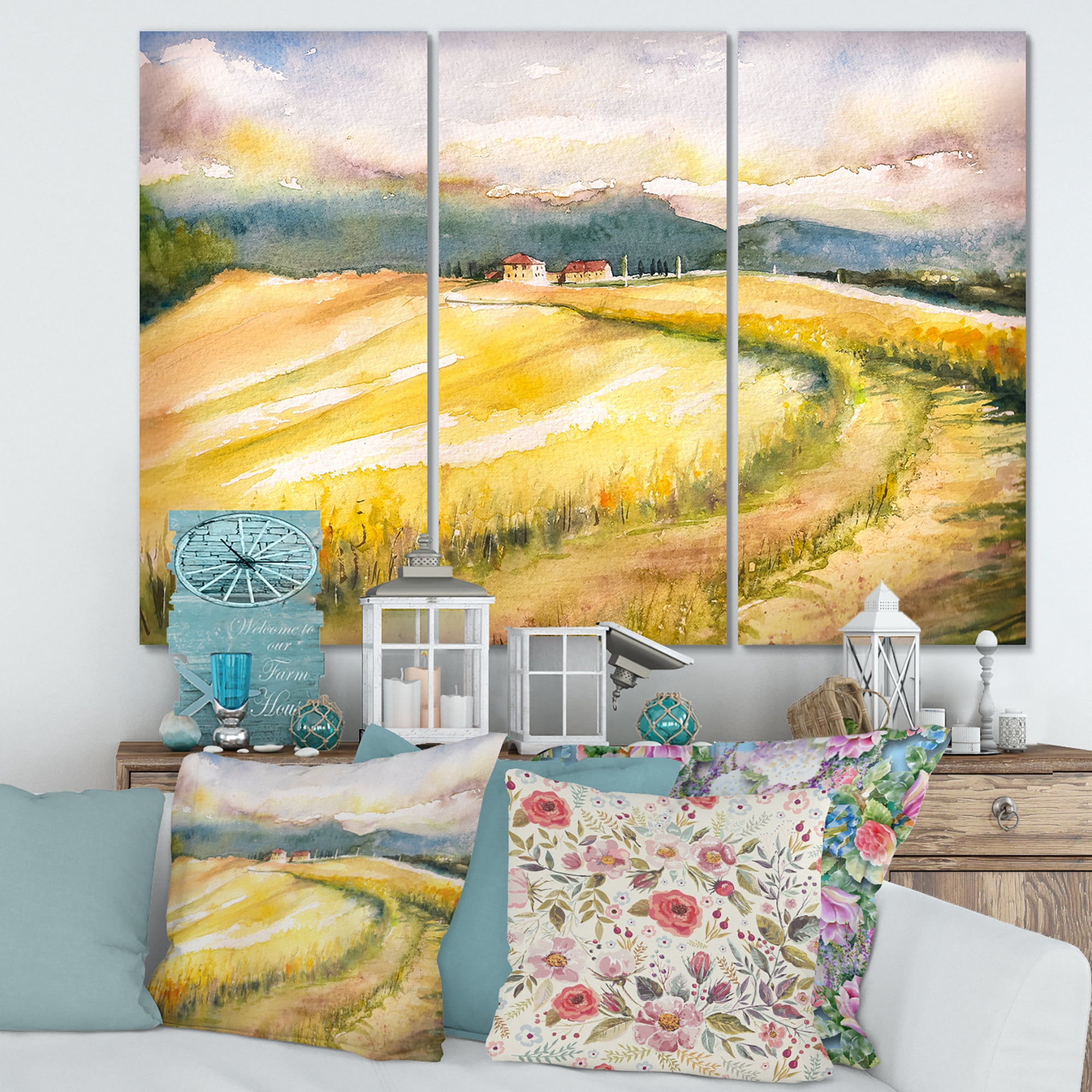 Designart ' Golden Grass Fields of Tuscany Italy ' Country Canvas Wall Art Print