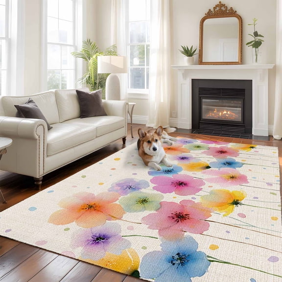 Spring Floral Large Area Rugs 6x9 ft Watercolor Pink Blue Green Flowers Polka Dot Retro Washable Rug Non Slip Indoor Carpet Absorbent Floor Mat for Living Room Bedroom Dining Room