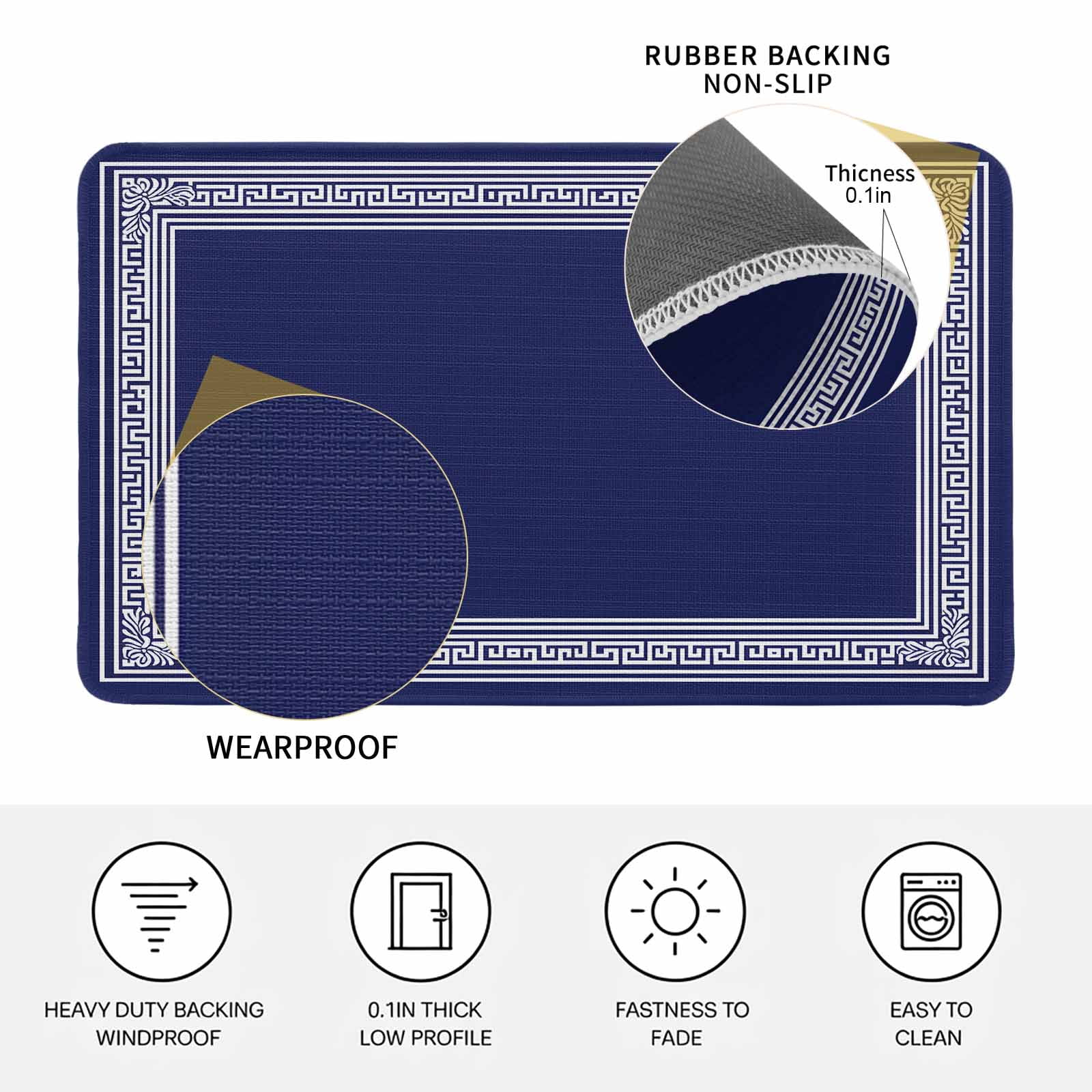 Navy Blue Geometric Doormat Outdoor Entrance 20"x31.5", White Greek Key Farmhouse Absorb Moisture Dirt Door Mats, Non-Slip Rubber Backing Floor Mats Indoor, Low-Profile Front Door Rugs