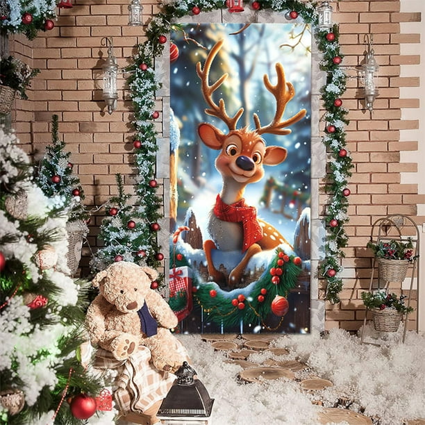 Linnome 35x71 Inch Santa Claus Door Decoration, Christmas Pattern Door Cover for Indoor Outdoor Use, Holiday Decor