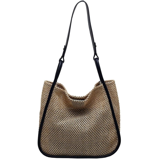 LHSHID Women Straw Bags Summer Rattan Hand-Woven Beach Large Tote Bag Fashion Handbag with PU Strap