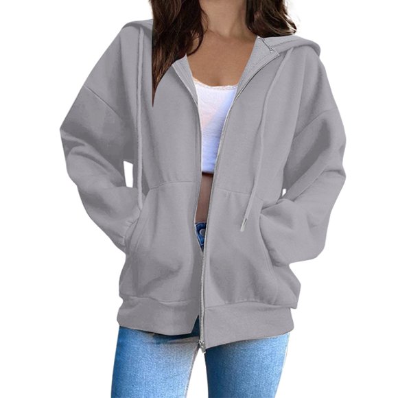 Zip up Hoodie Women Long Sleeve Hooded Sweatshirts Drawstring Full Zip Hoodies Lightweight Fall Jackets with Pockets Casual Winter Warm Fleece Hoodies Outerwear Gray M