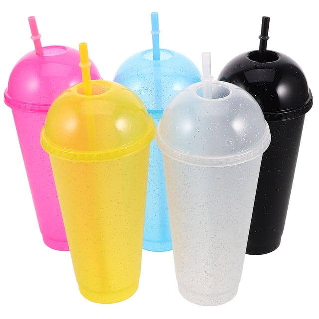 5 vasos de plástico con tapas tipo cúpula y ranura para pajita, para agua, para fiestas, bebidas frías, café, té, postres, batidos, frutas con burbujas
