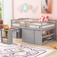 thumbnail image 2 of Full Size Low Loft Bed with Retractable Writing Desk and 3 Drawers, Wooden Loft Bed Frame with Storage Stairs and Shelves, for Kids Teens Boys Girls, Sturdy Slats Support, Gray, 2 of 9