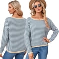 thumbnail image 3 of HAOYUNL Women's Striped T Shirts Fashion Long Sleeve Fashion Knitted Sweater Crew Neck Loose Pullover Tees Spring Fall Tops S-XXL, 3 of 7