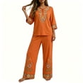 thumbnail image 4 of Floleo Women Boho Two Piece Outfit V Neck 3/4 Sleeve Floral Print Top Wide Leg Pants Vacation Matching Set, 4 of 7