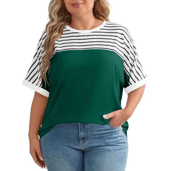 Delayuji Women's Spring Round Neck Striped Color Blocked Printed Loose Casual Short Sleeved T Shirt Green L Polyester,Spandex Short Sleeve Shirts for Women